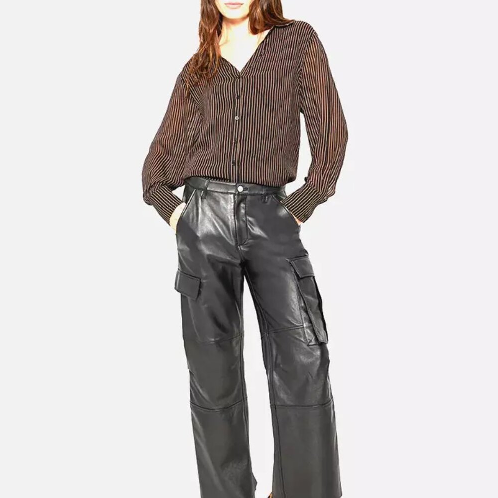 AS by DF $298 Elodie Blouse Tan & Black Stripe Button Up Top Small Semi-Sheer